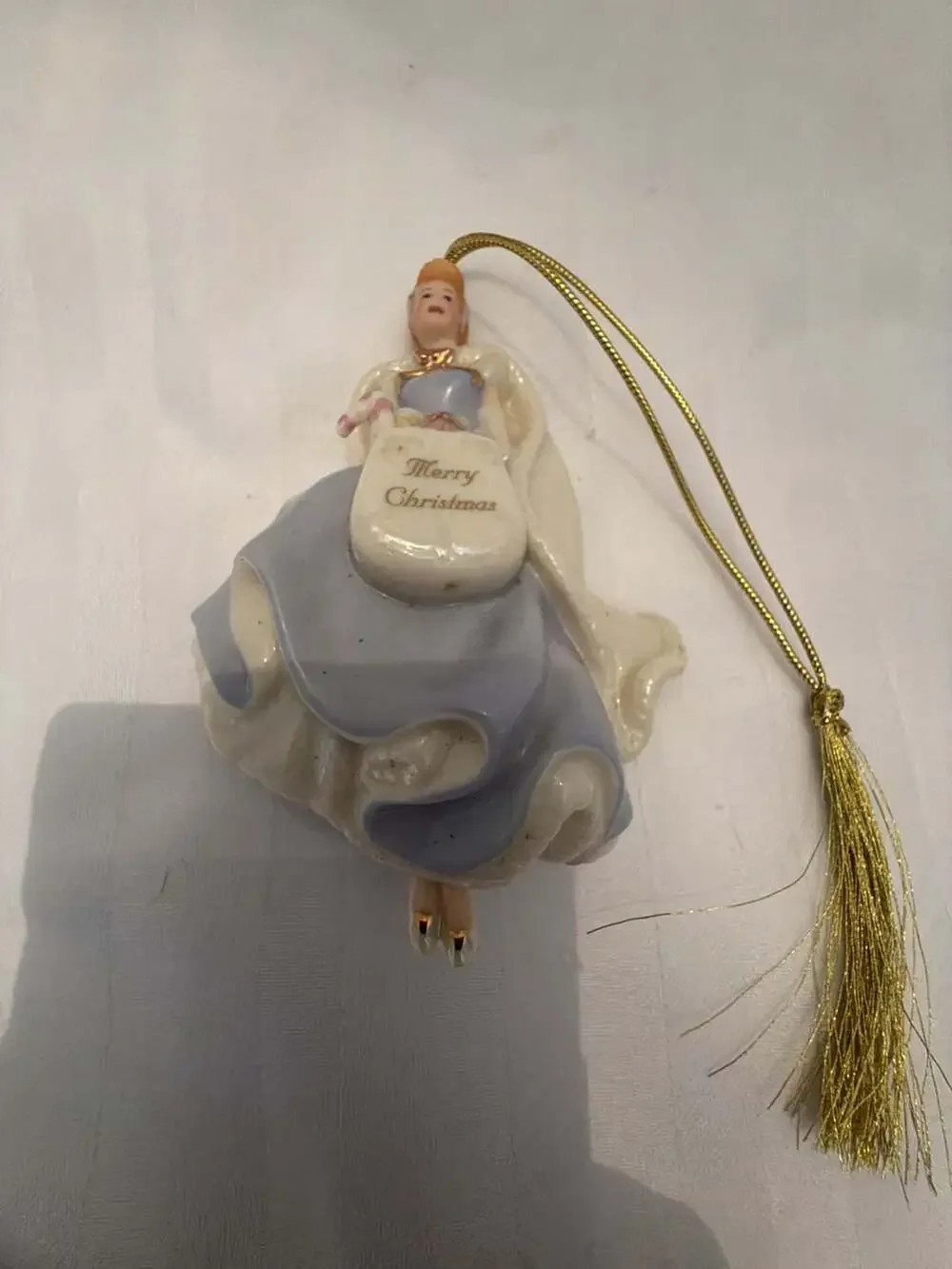 Porcelain Lady Figurine Merry Christmas Ornament Blue And White Dress